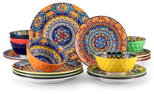 vancasso KRVI Dinner Set 18-pc for 6 People, Porcelain Dinnerware Sets | Bohemian Style Plates and Bowls Set, Scratch Resistant Dinner Service Set, Microwave and Dishwasher Safe