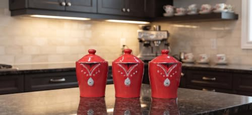 Biznest Set Of 3 Sparkle Crushed Crystal Tea, Coffee, Sugar Ceramic Canister Diamante Elements Jar Airtight Rubber Seal Lids Kitchen Storage Floral Design Centrepiece Glossy Finish 17 X 13 Cm (RED)