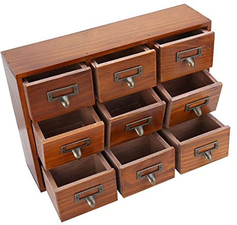Xiuganpo Antique Style Multi Layer Wooden Storage Box with Dividing Grid for Organizing CDs and Wires, 4 Drawers Ideal for Home and Office Use, Strong and Durable Pine Wood (5042-01-(nine