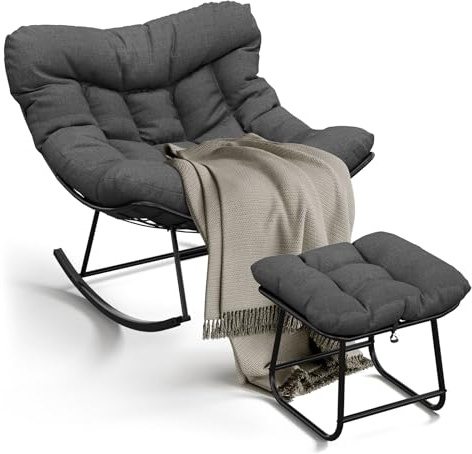 GarveeLife Fauteuil à bascule surdimensionné, fauteuil à bascule avec repose-pieds avec coussin épais et cadre en métal, fauteuil de relaxation pour côté piscine, jardin et arrière-cour, capacité de