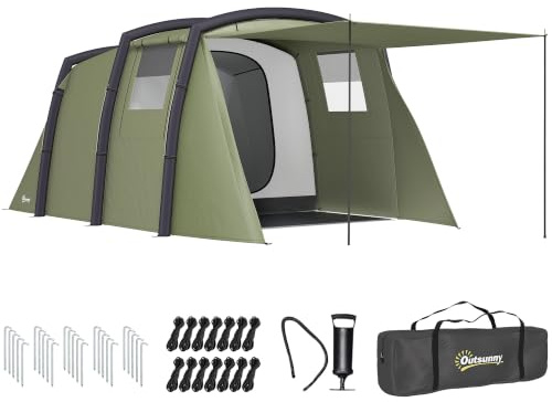 Outsunny Inflatable 3-4 Man Tunnel Tent Air Pump 440L x 280W x 195Hcm Green