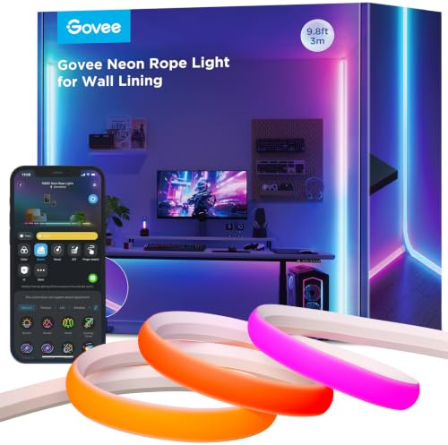 Govee Neon LED Strip für Sockelleiste, 3M RGBIC LED Streifen, Sanftes Licht | Streifen Matter-Kompatible für Wandlinien und Ecken, Musiksync, Zuschneidbar, Neon Licht Deko für Wohnzimmer, Korridor