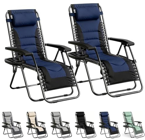 mcc direct Zero Gravity Sun Lounger Chairs Set of 2 – Padded Oxford Fabric Reclining & Folding Outdoor Garden Chairs with Cup Holder and Headrest Pillow – BLACK/BLUE OXFORD