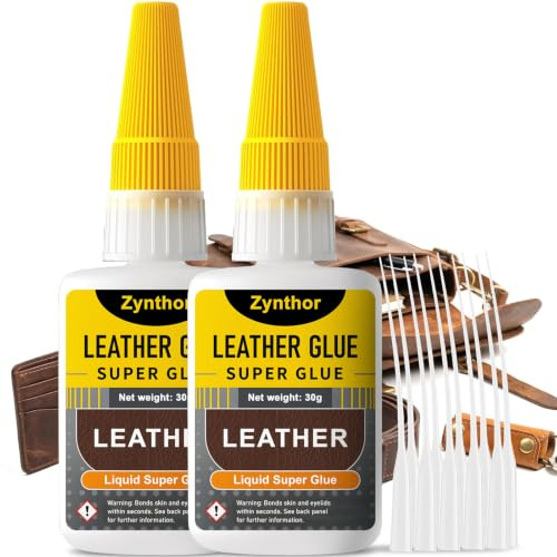 Zynthor Leather Glue 60g(2 x 30g), Extra Strong Super Glue for Leather | Clear Waterproof Adhesive with Anti-Clog Cap and 10 Precision Tips for Shoes, Sofas, Car Seats, Furniture and Bags