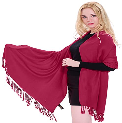 CJ Apparel Fuchsia Pink Solid Colour Tassels Design Nepalese Shawl Scarf Wrap Stole Throw Head Wrap Pashmina Hand Made in Nepal New
