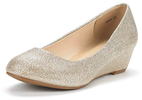 DREAM PAIRS Women's Debbie Mid Wedge Heel Pump Shoes, Gold/Glitter, Size 9