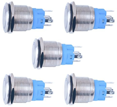 Larcele 19mm Druckschalter mit Kontrollleuchte, DIY 12V Elektrische Schalter,Verriegelung,Wasserdicht,5 Stück JSANKG-07 (Verriegelung,Licht Blau) MEHRWEG