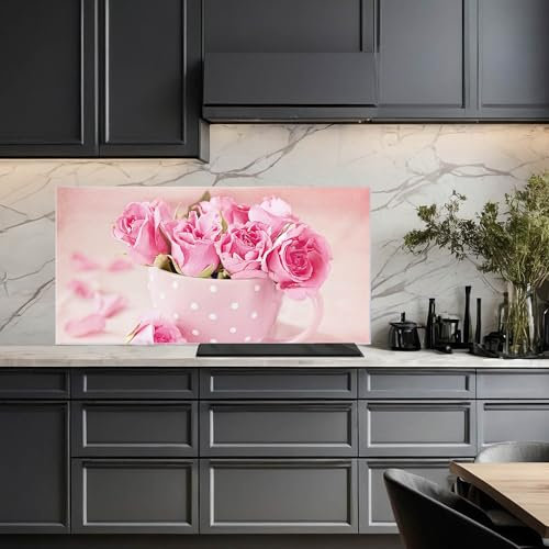 banjado Küchenrückwand Glas ohne Bohren 110x55cm – Glasrückwand Küche mit Motiv Tasse Rosen/Spritzschutz Küchenrückwand Glas/selbstklebende Küchenrückwand Platte - magnetisch & beschreibbar