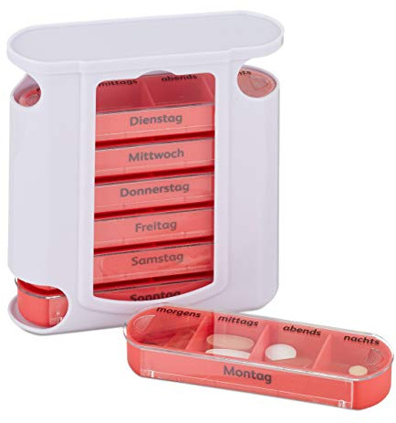 Relaxdays 2X Pillendose 7 Tage im Set, wöchentliche Tablettenbox, 4 Fächer, morgens, mittags, abends, nachts, Pillenbox, weiß-rot