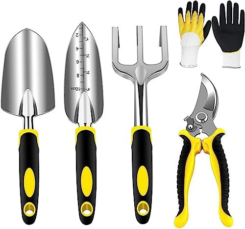 AGAKY Set Attrezzi da Giardino 5 Pezzi Durevole Alluminio Kit Giardinaggio Comprende Guanti da Giardino, Forbici, Rastrello, Pala, Cazzuola, Regalo di Giardinaggio per Uomini e Donne (Giallo)