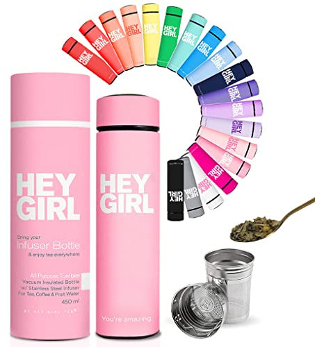 Hey Girl Insulated Stainless Steel Tea Infuser Bottle - 450ml Thermos Tumbler for Loose Leaf Tea & Infused Water - Portable Travel Mug