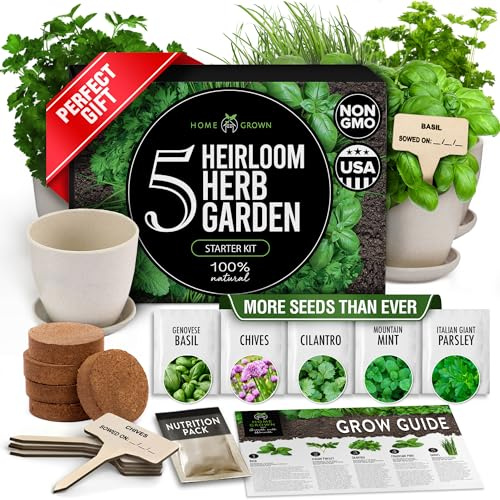 HOME GROWN Kit de inicio de jardín de hierbas aromáticas para interiores, regalo de Navidad para jardineros, kit completo de cultivo de 5 plantas de hierbas, regalo único para mamá, mujer, ella y