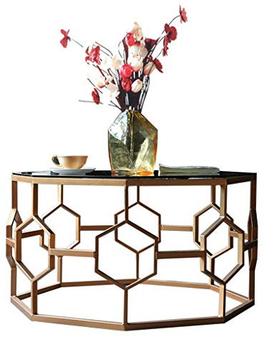 Table Basse Salon Table Basse en Verre trempé Noir octogonal Moderne, Plateau décoratif en Fer forgé créatif doré, conçu pour Le Salon
