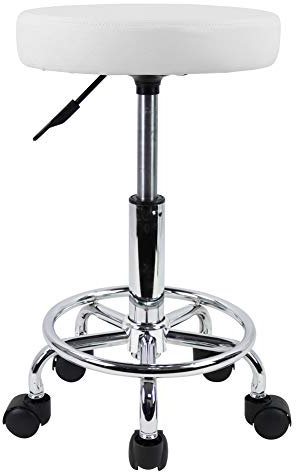 KKTONER PU Leather Round Rolling Stool with Foot Rest Swivel Height Adjustment Spa Drafting Salon Tattoo Work Office Massage Stools Task Chair Small (White)