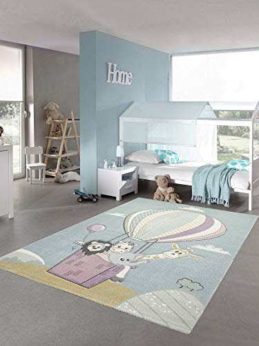Kinderteppich Spielteppich Teppich Heißluftballon Tiere in Pastell blau Größe 200 x 290 cm