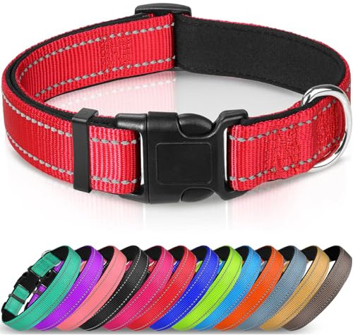 Joytale Halsband Hund, Gepolstertes Hundehalsband Breit aus Neopren Nylon Hundehalsband Verstellbar für Große Hunde, Weich und Reflektierend Hundehalsbänder, XL, Rot