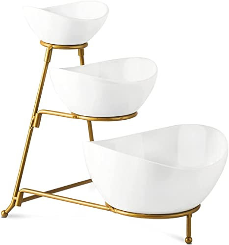 Gomakren 3 Tiered Oval Serving Bowl with Collapsible Metal Rack, Chip and Dip Serving Set, Dessert Appetizer Bowl Set (45oz / 17.5oz / 7oz), White Serving Bowls For Entertaining (Gold Stand)