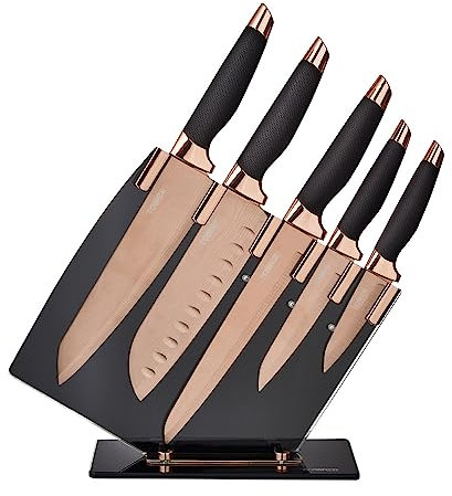 Tower T81532RD Set de Cuchillos de Cocina con Bloque de Soporte Acrílico – 5 x Cuchillos de Cocina con Hojas de Acero Inoxidable Efecto Damasco – Juego de Cuchillos de Cocina en Oro Rosa y Negro