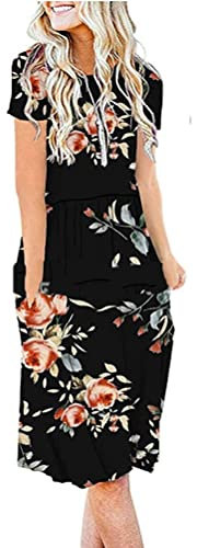 Langes Kleid Damen Sommerkleid Damen Freizeitkleider Langes Kleid Rundhalskleid Sexy Kleid Damen Kurzarmkleid Tasche Hohe Taille Kleid Plisseekleid Swing Ausgestellter Midirock Schwarze Rose XXL