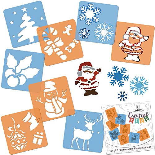 NAKLEO Schablonen Malen für Kinder, 8 Stück Set 15x15cm Weihnachten, Kinder Kreatives Zeichenschablonen, Kunststoff Wiederverwendbar Malschablone DIY Handwerk, Papier Wand Holz Stoff