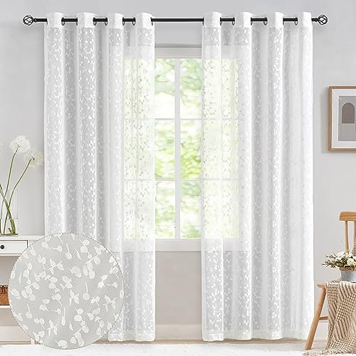 Treatmentex Weiß Halbtransparente Spitze Vorhang Moderne Stickerei Gardinen mit Ösen Häkeln Stricken Vorhang mit Blattmuster für Wohnzimmer Bauernhaus Schlafzimmer 2 Stücke,B140×H225cm