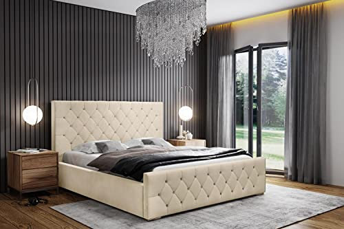Polsterbett Doppelbett Stauraum Samtstoff 120x200 140x200 160x200 180x200 cm Bettgestell Mit Bettkasten Lattenrost und Kopfteil - Bett mit Kristallen - Hydrophobe Stoff - Beige - 180 x 200 cm