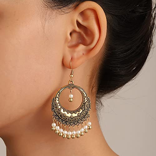 TseenYi Gypsy Earrings Vintage Pearl Dangle Drop Earrings Boho Gypsy Ethnic Earrings Pearl Beaded Tassel Hook Earrings Jewelry for Women and Girls(Gold)