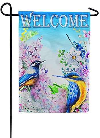 Hofflagge Perfekte Parteifahne Wind Und Regenfeste Indoor Flagge Décor Für Festival Lawn Veranda Hallo Frühlings-Sommer-Willkommen Drosseln Und Flieder - Blumen-Vögel