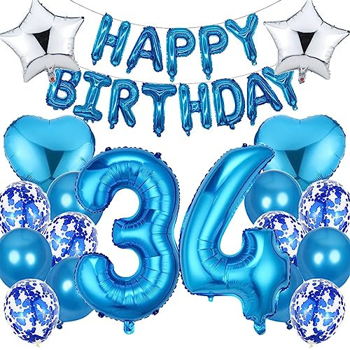 Ouceanwin Luftballon 34. Geburtstag Deko Mann, Blau Geburtstagsdeko 34 Jahre Männer, Folienballon Happy Birthday Deko 34. Geburtstag Mann Frauen, Ballons 34. Geburtstag Dekoration Set