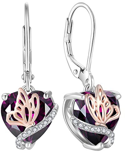 YL Herz Ohrringe 925 Sterling Silber Schmetterling mit Februar Geburtsstein Amethyst Ohrringe Schmuck Geschenke für Damen Mutter Freundin ihre