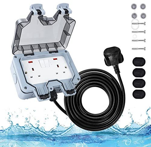 Dhouse Weatherproof Outdoor Socket Waterproof Double Socket 5M Extension Lead IP66 Switched Wall Electrical Outlet 2 Gang Power Socket,Garden Outside Plug Sockets Cover Box