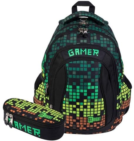 KiddiBex Schulrucksack Teenager Jungen Set 2 Teilig - Schulrucksack Jungen, Schulranzen Jungen ab 5. Klasse mit Brustgurt - Rucksack Schule, Schultasche Jungen - Ergonomischer Schulranzen (Gamer)