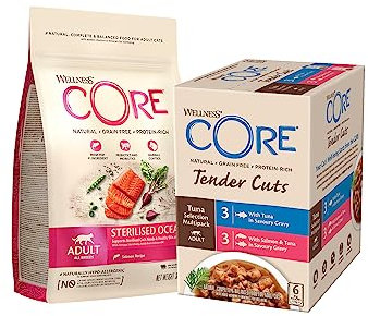 Wellness CORE Katzenfutter Probierpaket Fisch, Trockenfutter (300 g, Lachs) + Nassfutter (6 x 85 g, Thunfisch + Lachs & Thunfisch), geeignet für empfindliche Katzen, getreidefrei, hoher Fleischanteil