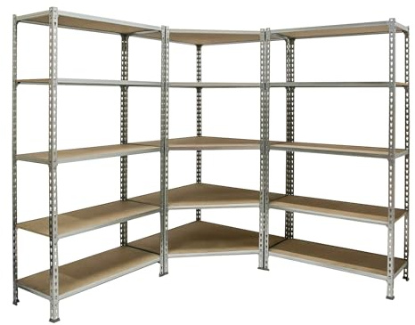 Simonrack Eckregal aus Metall, ohne Schrauben, 5 Regalböden, hohe Tragfähigkeit 200 kg, 1800 x 1800 x 400 mm, Garagenregal, verzinkt/Holz