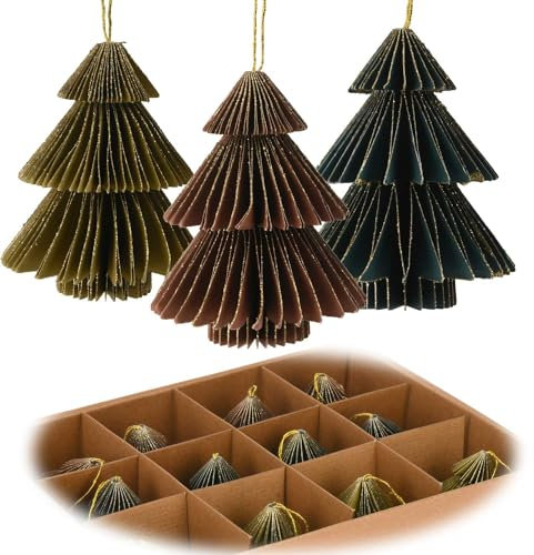 LS-LebenStil Papier Set Deko-Anhänger 3X Papier Tannenbaum Petrol Grün Braun 8cm Weihnachten Baumschmuck Wabenball Honeycomb Christbaumschmuck