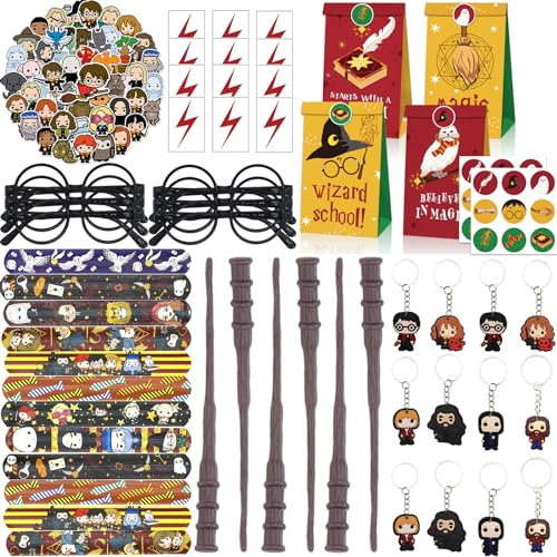 Lot de 110 piñata assorties sur le thème du magicien Harry pour enfants, avec bandes, baguette, lunettes, autocollants, porte-clés, sacs cadeaux, cadeaux pour anniversaire, Noël
