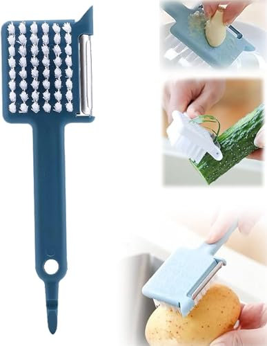 Multipurpose Peeler Brush, 5 in 1 Vegetable Peeler with Brush, Potato Peelers Stainless Steel Fruit Peeler Vegetable Brush, Multifunctional Kitchen Peeler with Long Handle (Dark Blue)