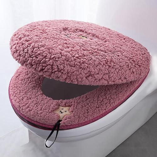 HICYOO Toilet Seat Warmer Cover & Toilet Lid Cover Red Fuzzy Toilet Seat Covers for Bathroom with Zipper Handle Plush Thicker Washable