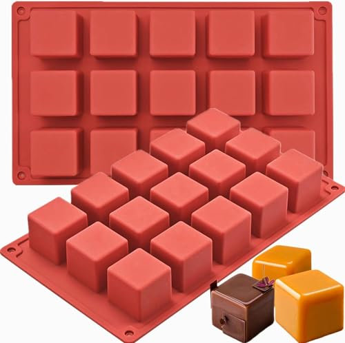Socluer 2 Stück Brownie Backform, 15 Hohlräume Silikon Schokoladenformen, Kleine Quadratische Kuchenform, Lebensmittelecht und Antihaftbeschichtet, für Pralinen, Eiswürfeln, Gelee, Mousse