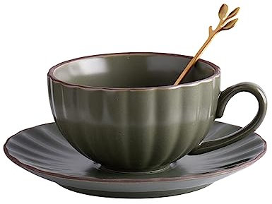 HUAMu 200ml Set Tasse à Thé et Soucoupe pour 1 Personne, Tasse à Thé en Céramique avec Cuillère，Couleur Morandi, Vert