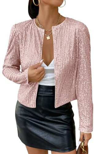 shownicer Blazer da Donna Giacche Eleganti con Maniche Lunghe con Paillettes Cardigan Giubbotto Cappotti Classico Outwear Donna Blazer Bolero Slim Fit Giacca Clubwear A Rosa Chiaro L