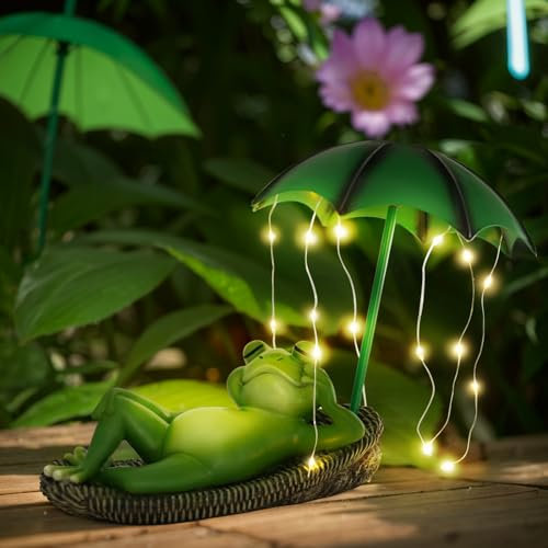 OKESYO Frosch Gartenfiguren mit Solarlampen für Außen, Wasserdicht Lustige Frosch Gartendeko mit Regenschirmlicht für Frauen Geburtstagsgeschenk Garten Balkon Deko, Auto EIN/Aus