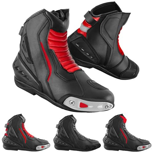 Vaster Moto Scarpe da moto da uomo Stivali da corsa alla caviglia corti impermeabili in pelle Suola antiscivolo, rosso, 47 EU