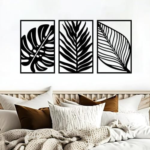 Resama Schwarz Wanddeko aus Metall, Moderne Minimalistische Metall Wanddekoration, 3 Stück Tropische Palmenblatt Wanddekoration für Küche, Schlafzimmer,Wohnzimmer