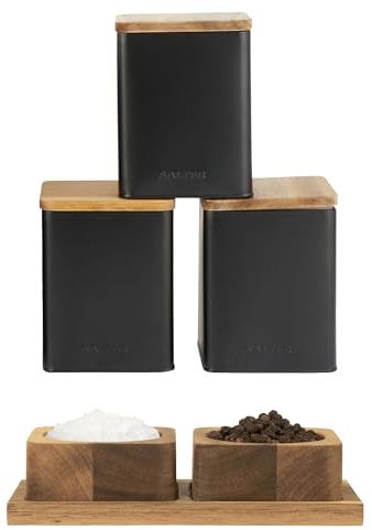 Salter COMBO-9236 Toronto Canisters & Salt and Pepper Pots - Tea, Sugar, Coffee Storage Jars, Worktop Countertop Organiser Containers, Spice Pinch Pots, Refillable Salt Pig, Acacia Wood, Black