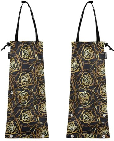 FRODOTGV Rose Flower Gold Black Car Bin Liners Front Seat Hanging Car Bin Bags Elastic Opening Bin Bags for Car Garbage Bags for Cars Pack of 2