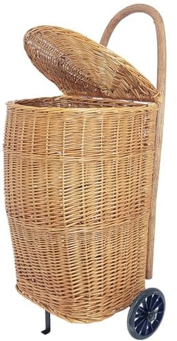 WEECO Einkaufstrolley mit Deckel, Transportkorb mit Rollen, Marktwagen, Holzkorb, Einkaufswagen aus Weide Gross, Trolley für Kaminholz 90x30x40cm