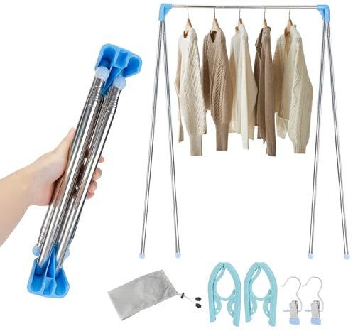 Portant à vêtements Portable Pliable télescopique de 33 à 71 cm, réglable, pour Le Linge à la Maison, Le Camping, Les Voyages en Plein air (avec cintres pliants et Pinces à Linge) (Bleu)