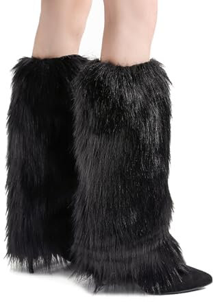 Golden Apple Faux Fur Fluffy Women Leg Warmers Shaggy Knee High Stockings Gyaru Punk Fuzzy Furry Y2K Boots Cuff Covers (Black, 40cm)