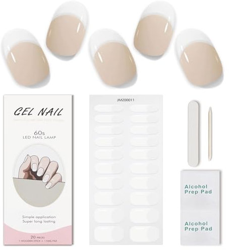 JMEOWIO Gel Nail Stickers French Tip White Transparent Semi Cured Gel Nail Strips Wraps UV/LED Nails Art Design Decoration Accessories